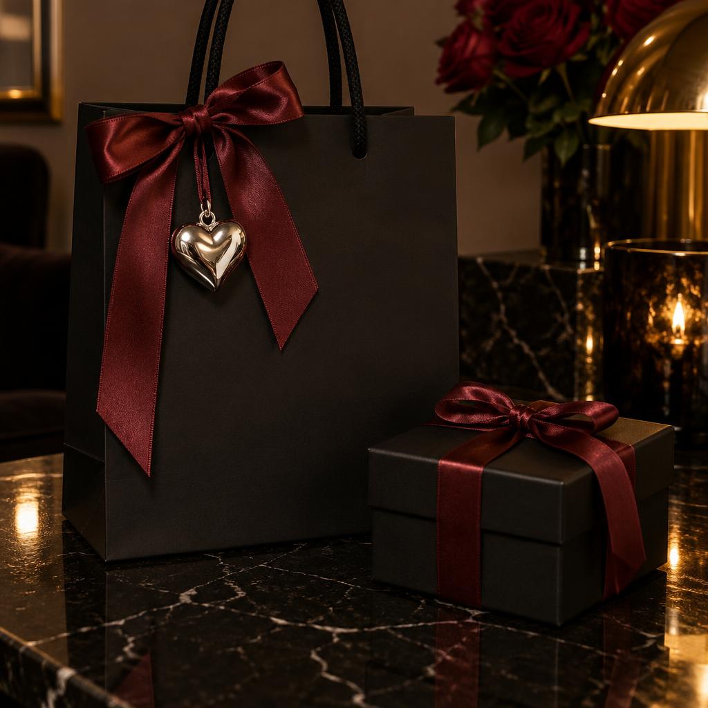 Black gift bag tied with a burgundy satin ribbon and a silver heart charm