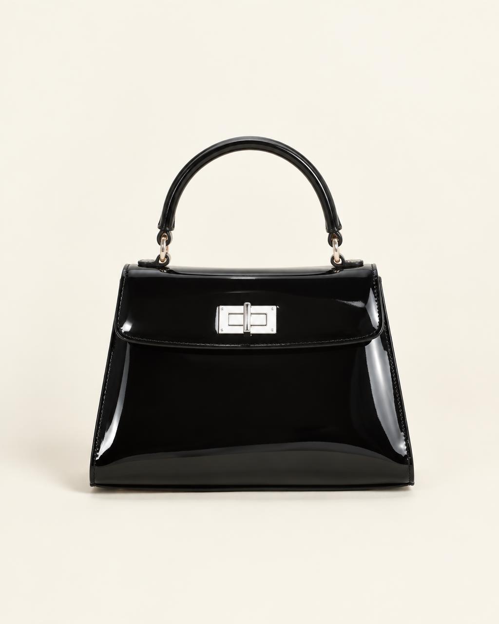 The After Hours Bag in black patent with silver turn-lock, front view