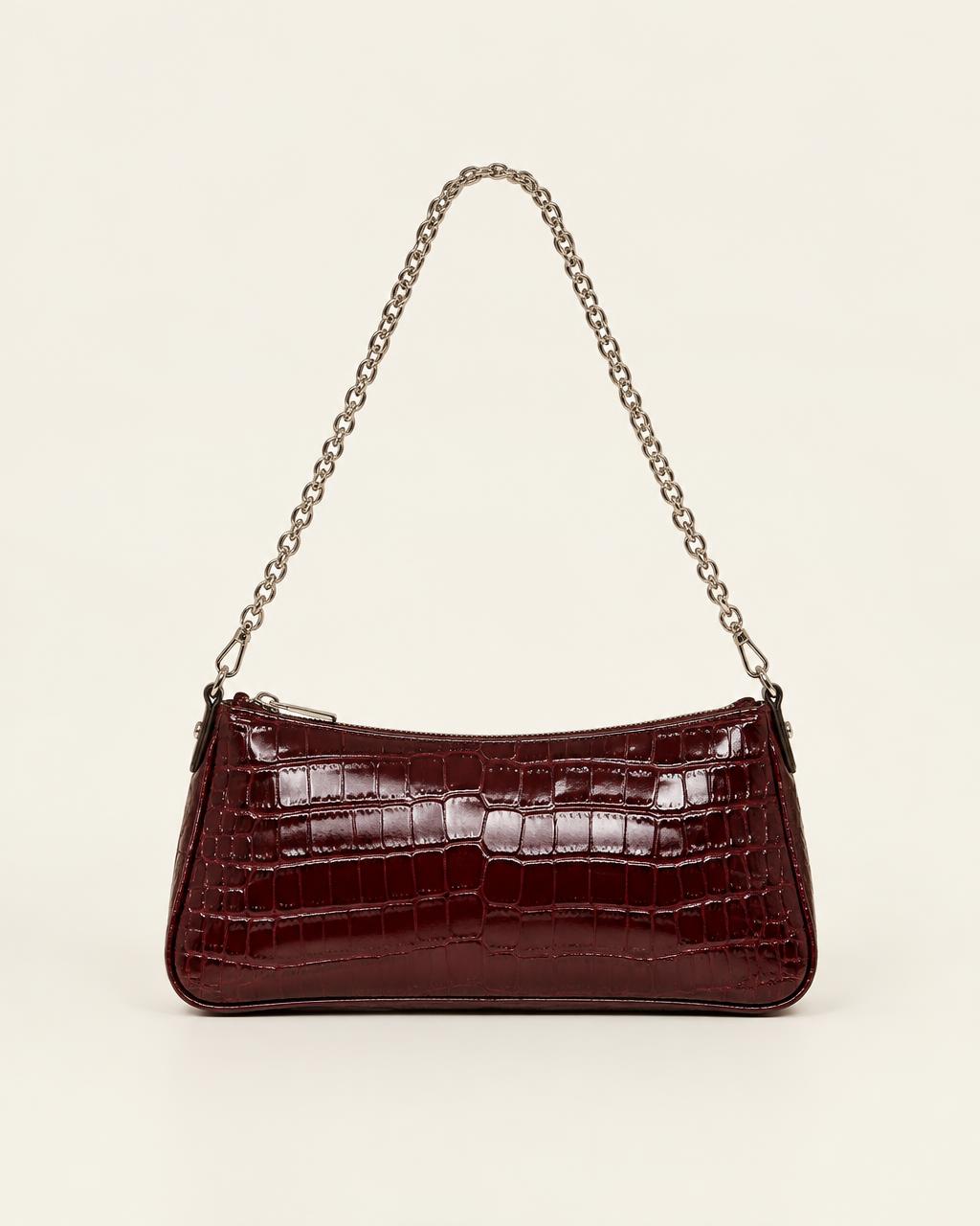 The Croc Effect Bag in burgundy with silver chain strap