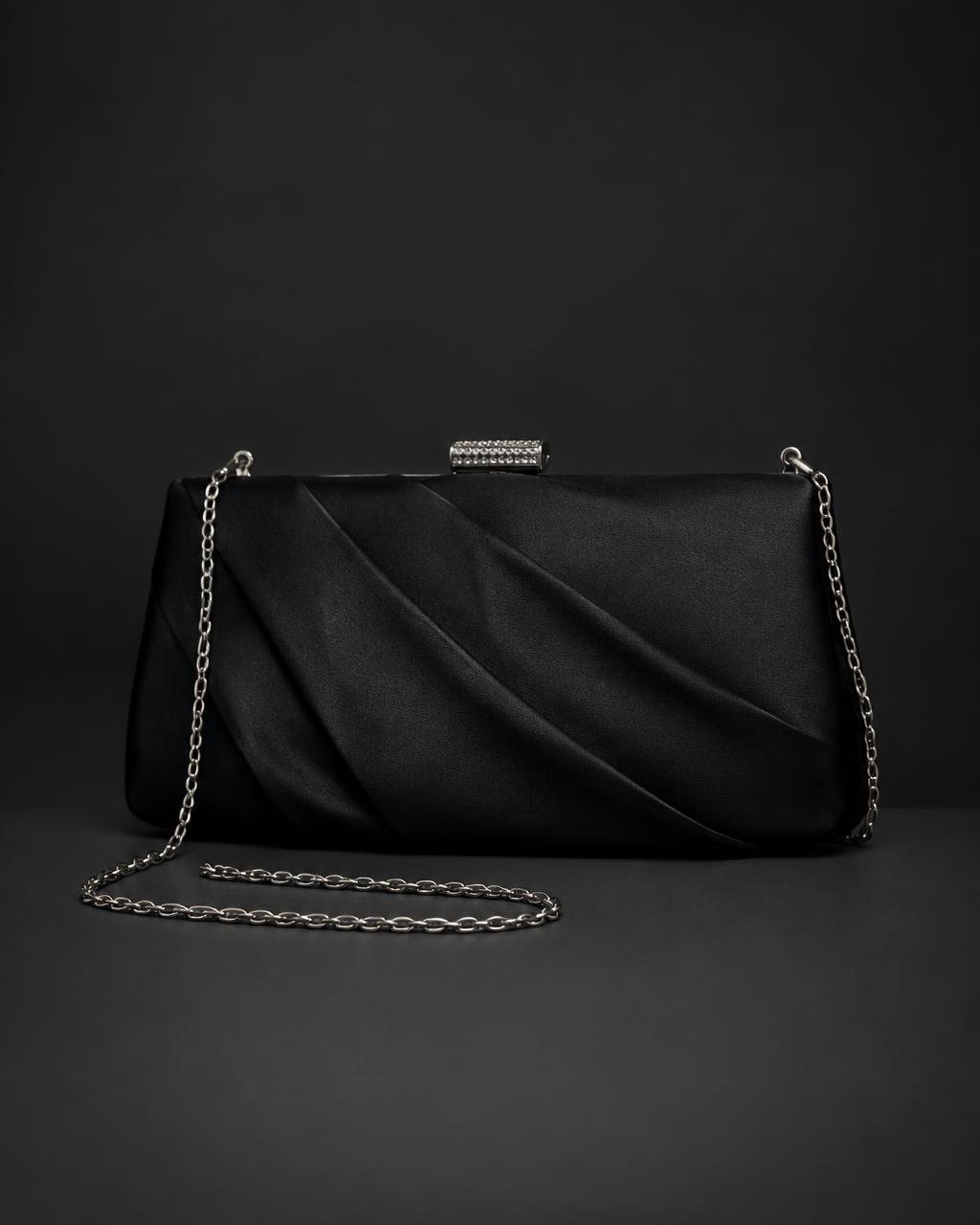 The Night Out Bag, black pleated satin clutch with chain strap
