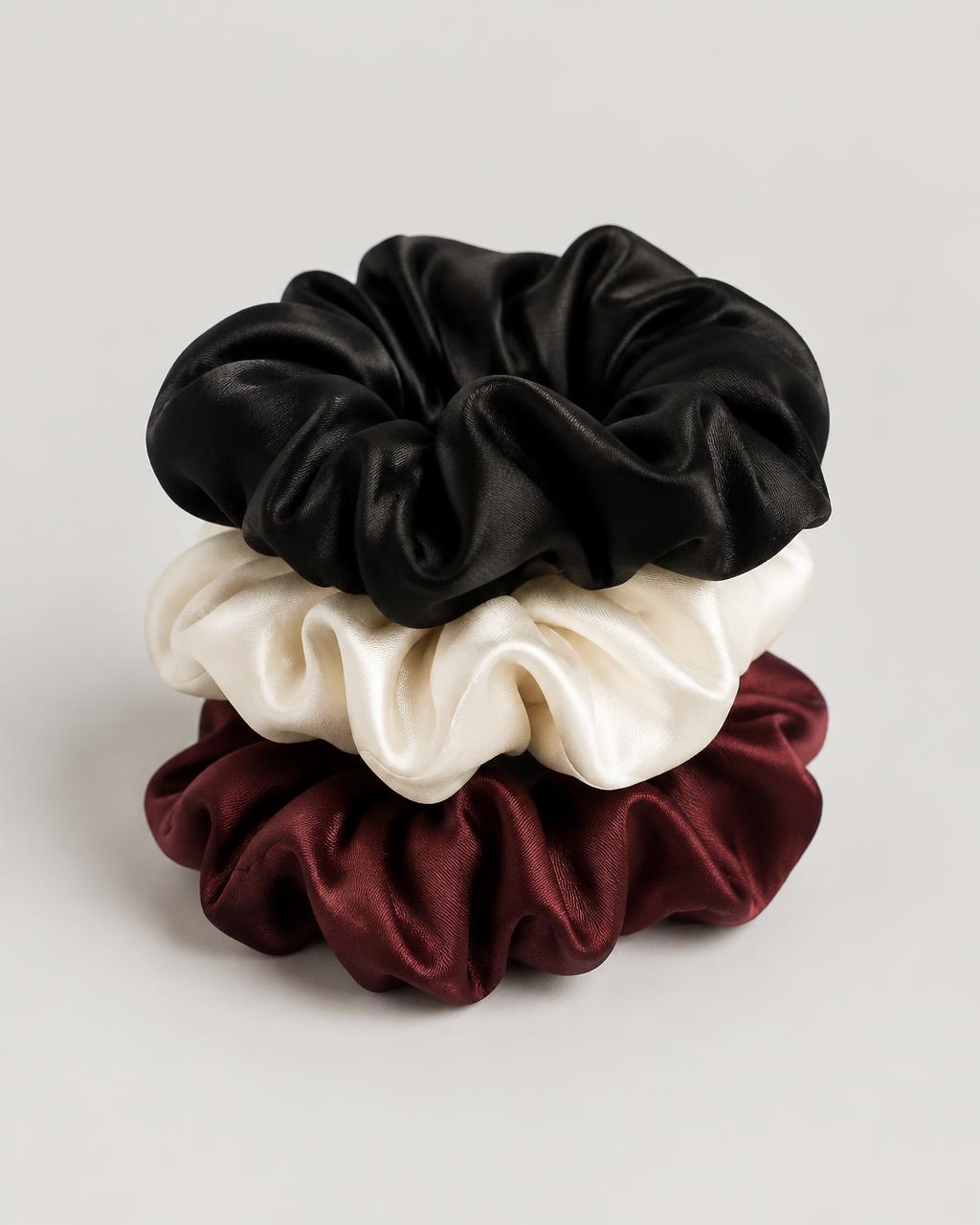 The Satin Scrunchie Set in black, ivory and burgundy